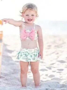 Ruffle Butts 4t Chase the Rainbow Bikini Set with Pink Bow